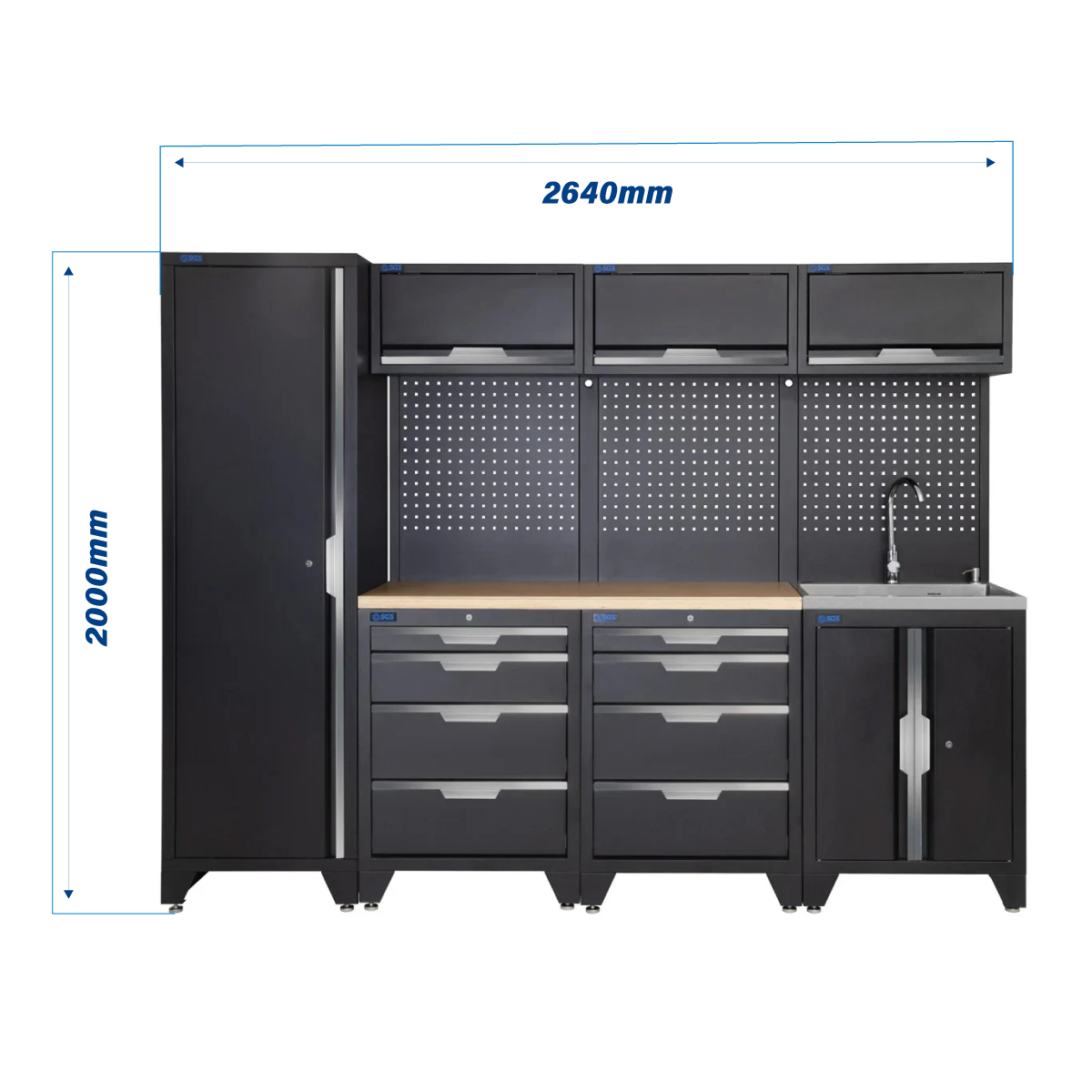 SGS 10pc Modular Garage Storage | 8 Drawers | Plywood Worktop | Tall Single Cabinet | Sink Unit | 3x Upper Cabinets
